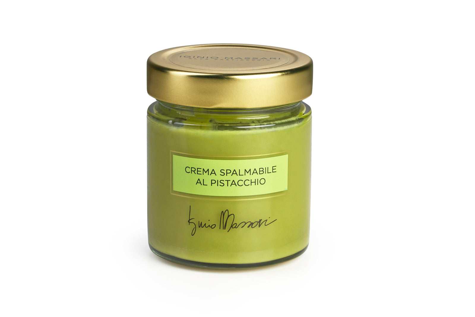 Crema Spalmabile al Pistacchio di Iginio Massari Alta Pasticceria: vasetto di crema artigianale al pistacchio dal gusto intenso e raffinato.