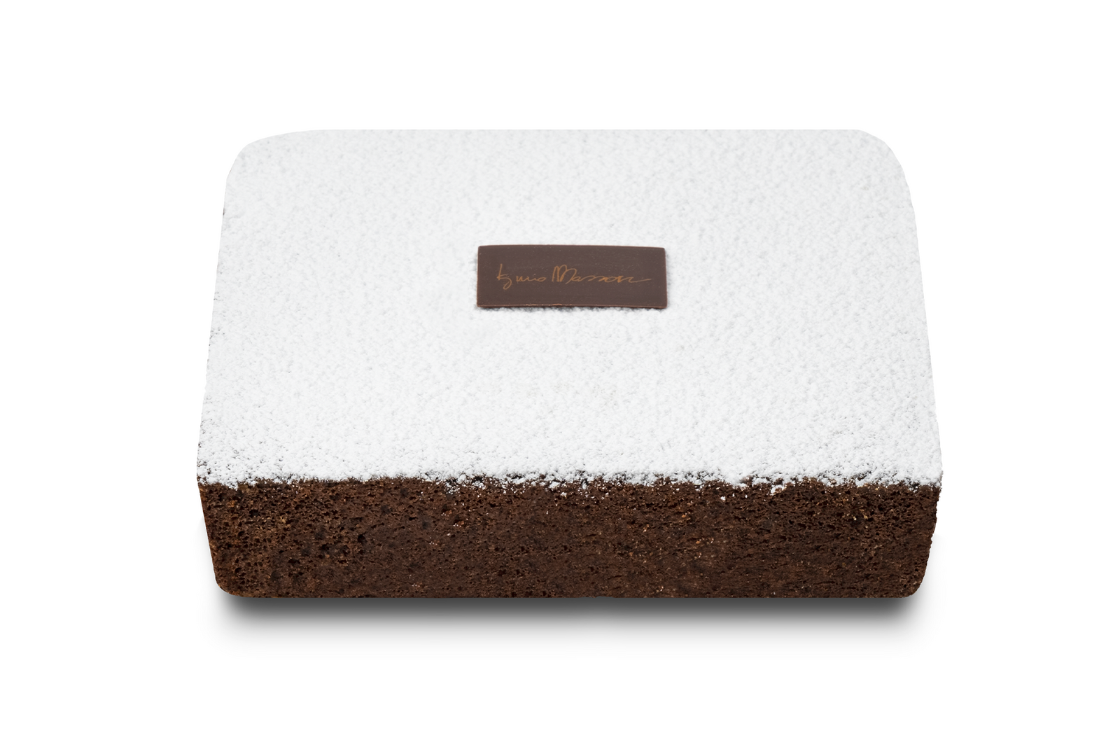 Torta Caprese senza Lattosio di Iginio Massari Alta Pasticceria: dolce al cioccolato e mandorle finemente macinate, ricoperto da zucchero a velo e cacao, presentato in confezione elegante