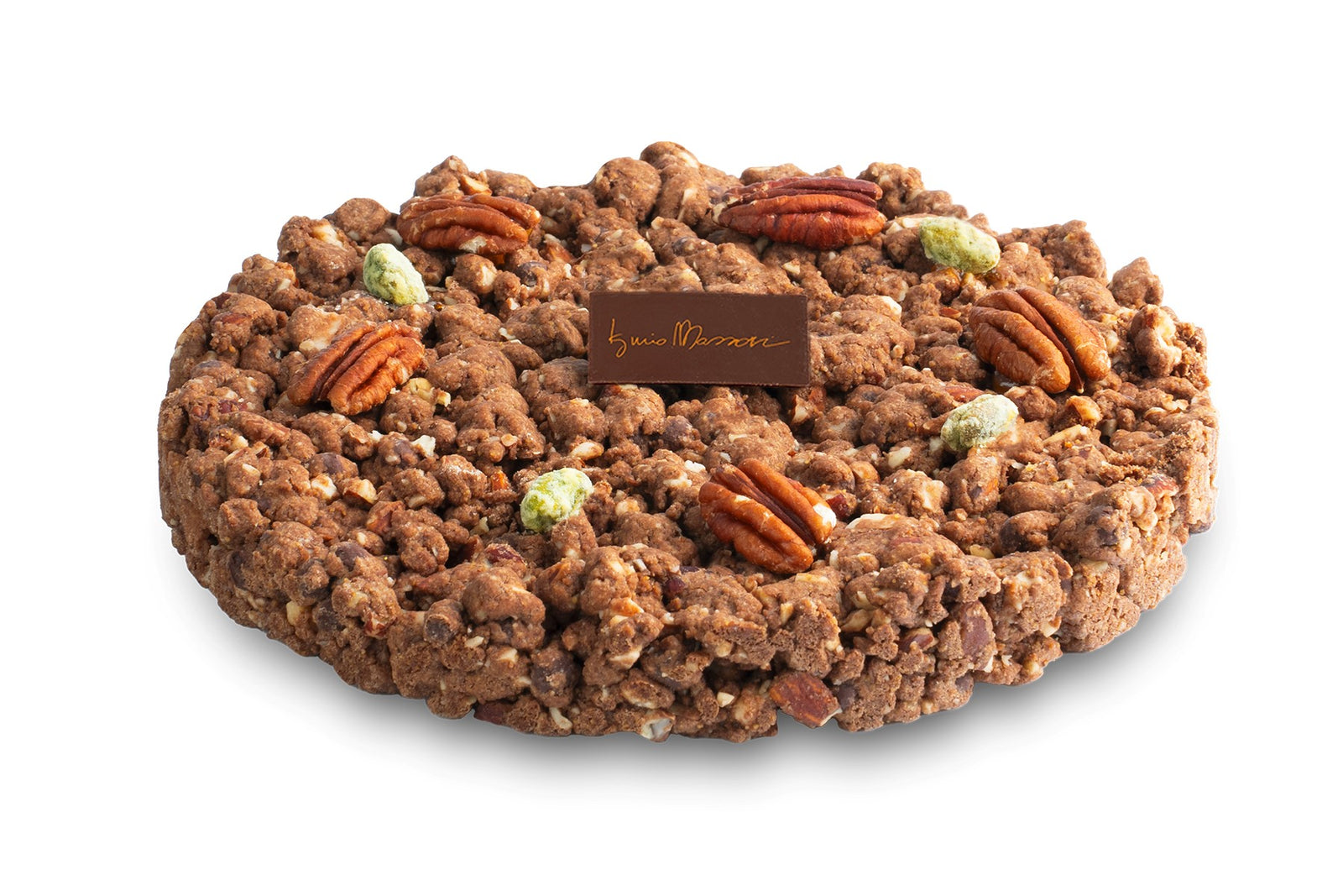 Torta Sbrisolona al Cacao e Cioccolato di Iginio Massari Alta Pasticceria: dolce artigianale rustico e friabile con cioccolato fondente, cacao, pistacchi e noci pecan.