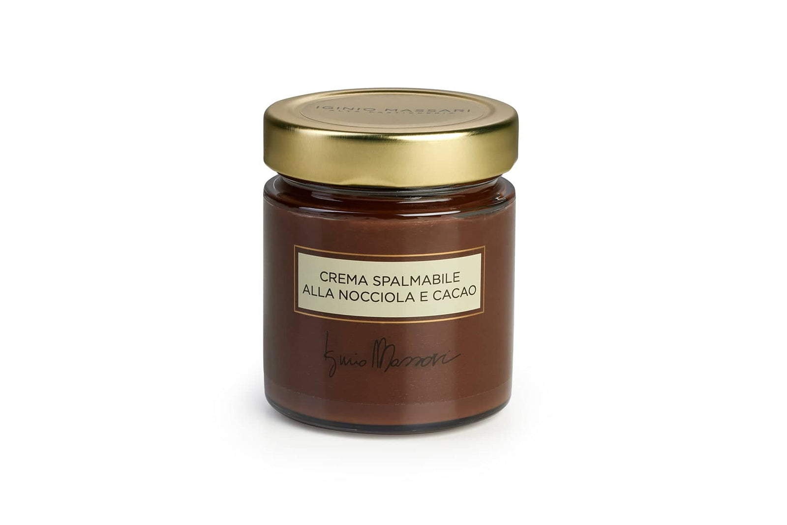 Crema Spalmabile alla Nocciola Piemonte IGP e Cacao di Iginio Massari Alta Pasticceria: vasetto di crema artigianale con nocciole pregiate e cacao dal gusto intenso.