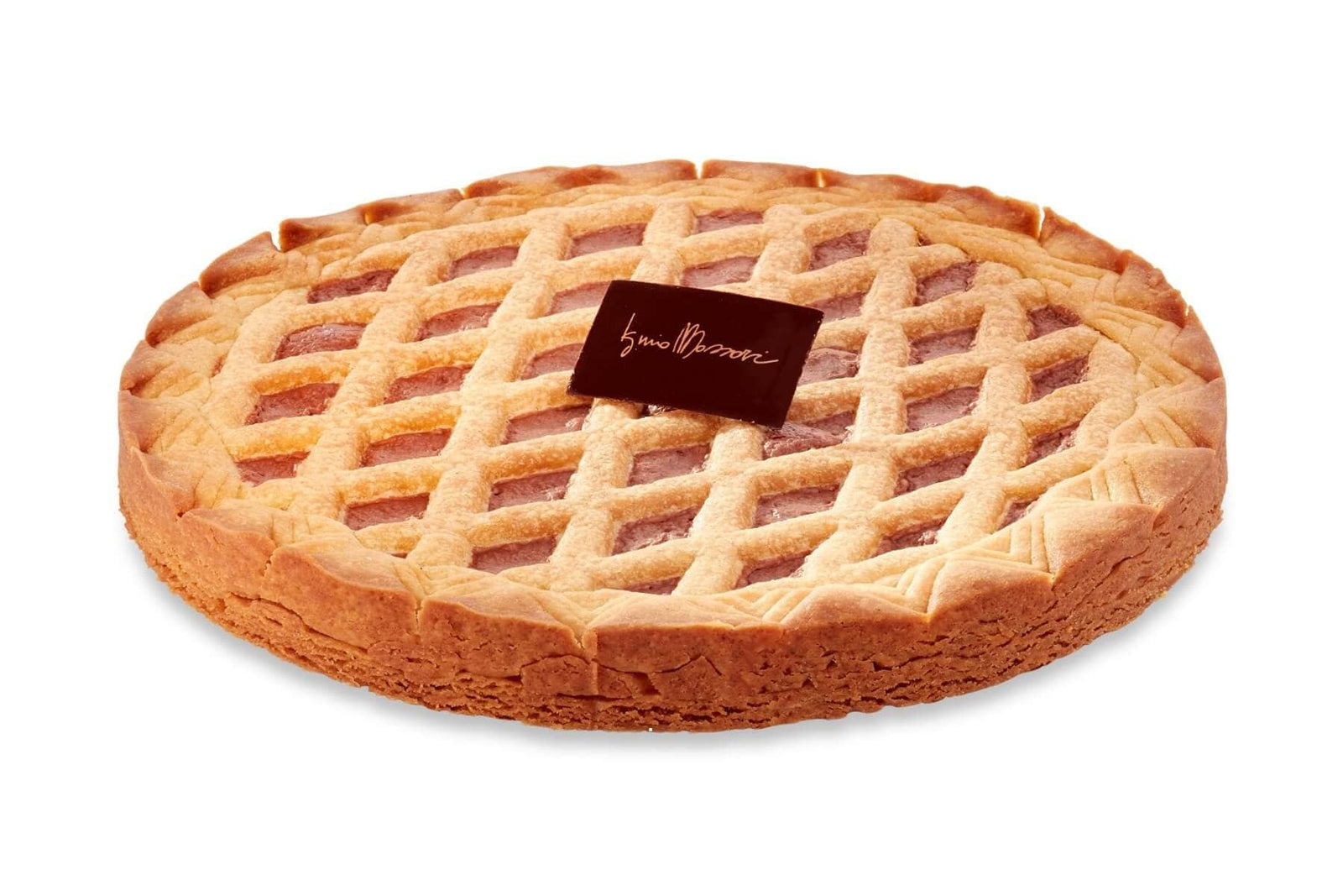 Crostata con Confettura di Albicocca di Iginio Massari Alta Pasticceria: dolce artigianale con base di frolla Milano alla vaniglia e limone, farcito con vellutata confettura di albicocche e decorato con strisce di frolla.