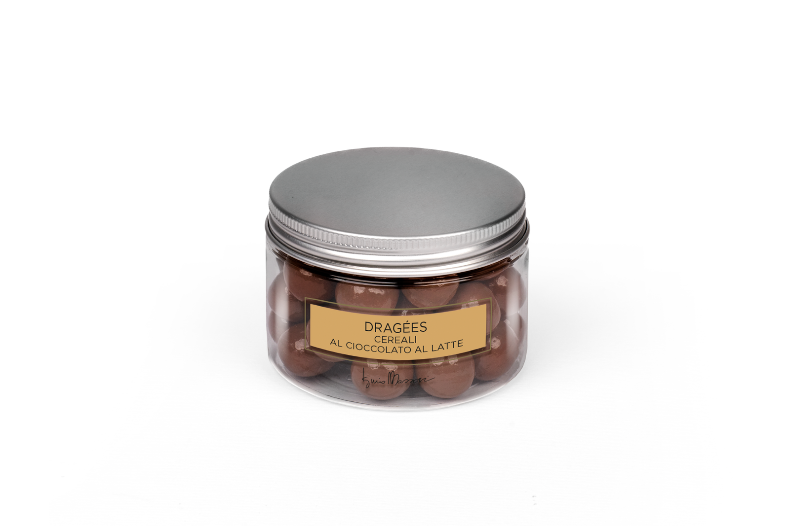 Dragées di Iginio Massari Alta Pasticceria: cereali croccanti ricoperti di cioccolato al latte, perfetti come piccola golosità.