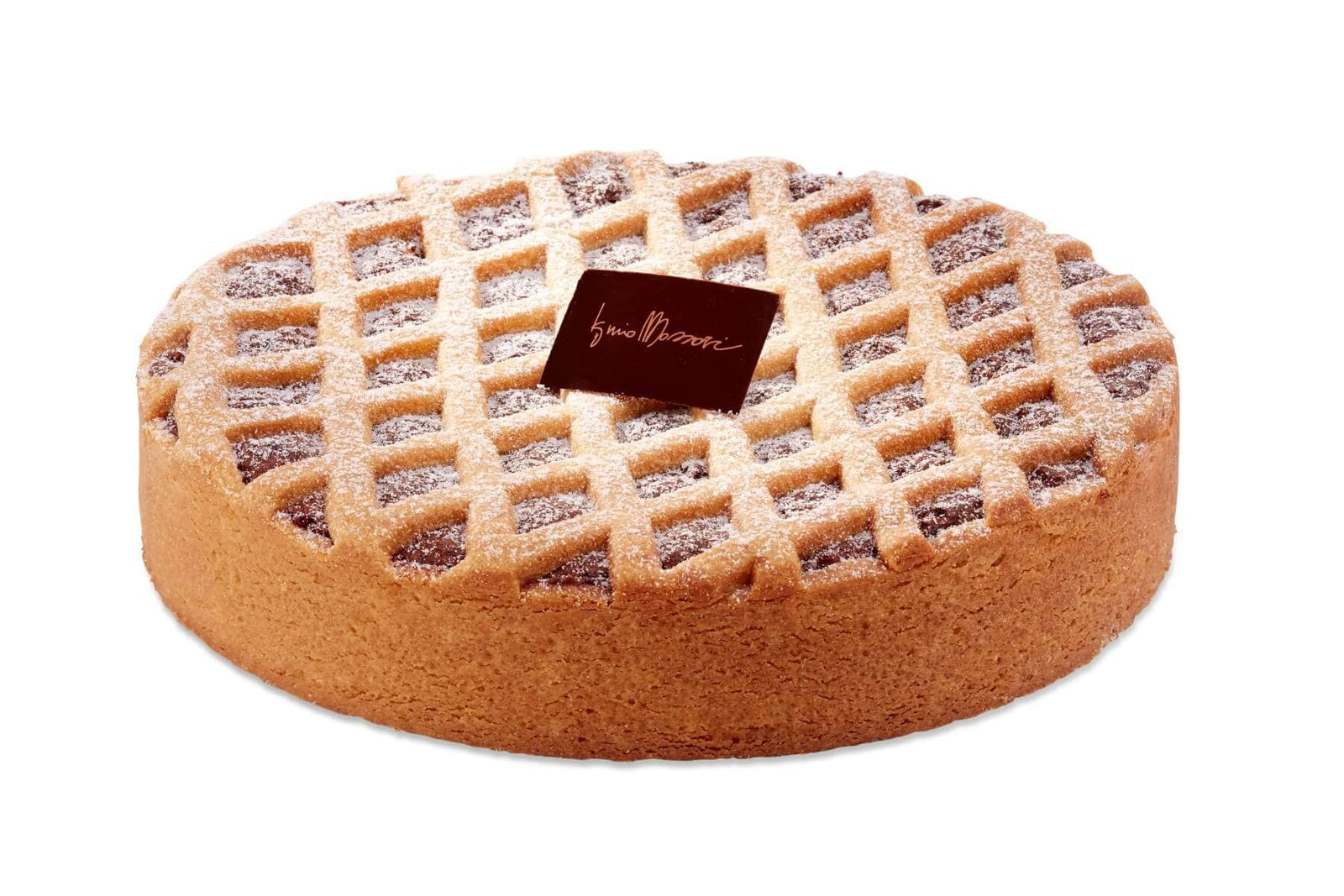 Torta Bresciana di Iginio Massari Alta Pasticceria: dolce da forno artigianale con frolla fragrante, ripieno di cacao amaro, arancia candita, nocciole del Piemonte e base di marmellata di arancia.