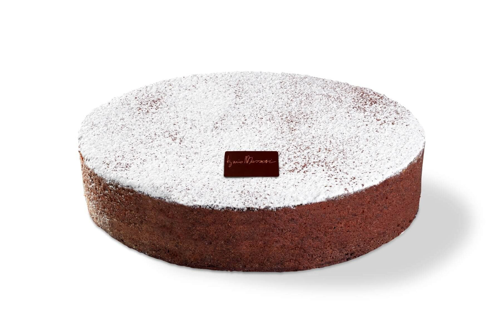 Torta Caprese Rivisitata di Iginio Massari Alta Pasticceria: dolce artigianale al cioccolato e mandorle finemente macinate, profumato alla vaniglia e ricoperto di zucchero a velo e cacao